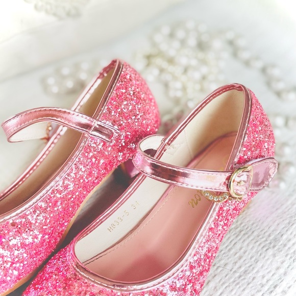 HANKAYOU | 34 / 5 | Girls’ Pink Glitter Low Heel Mary Jane Sparkle Shoe - Picture 1 of 13